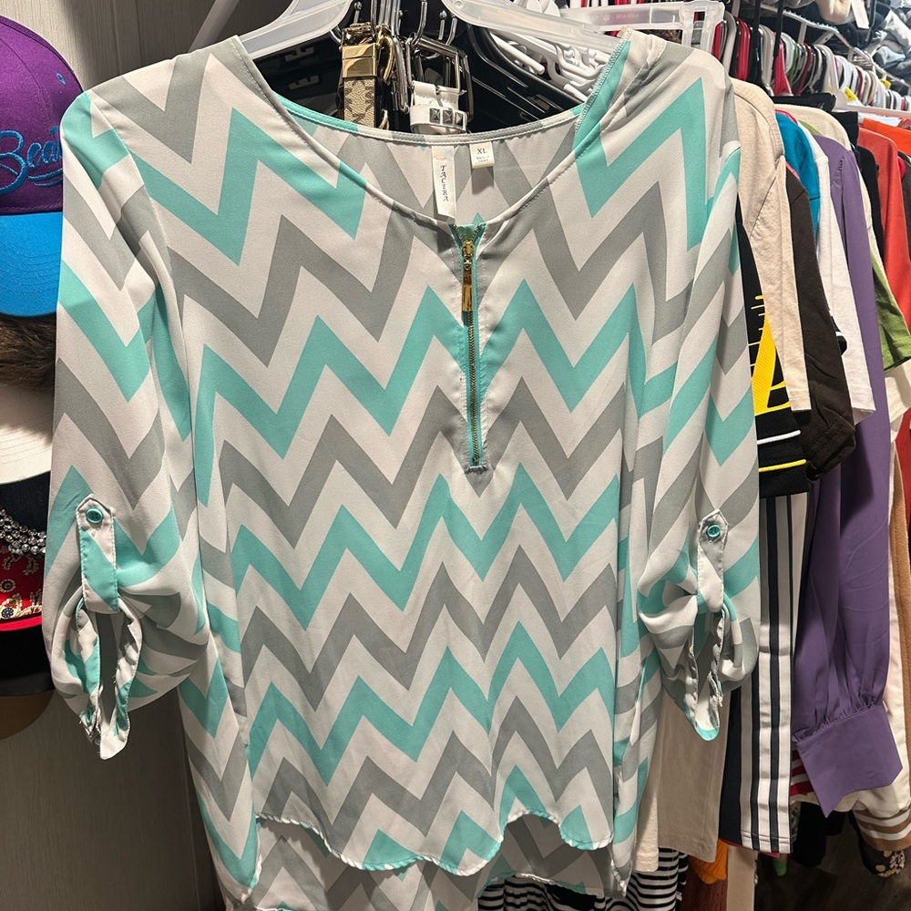 Tacera Teal and Gray Chevron Blouse